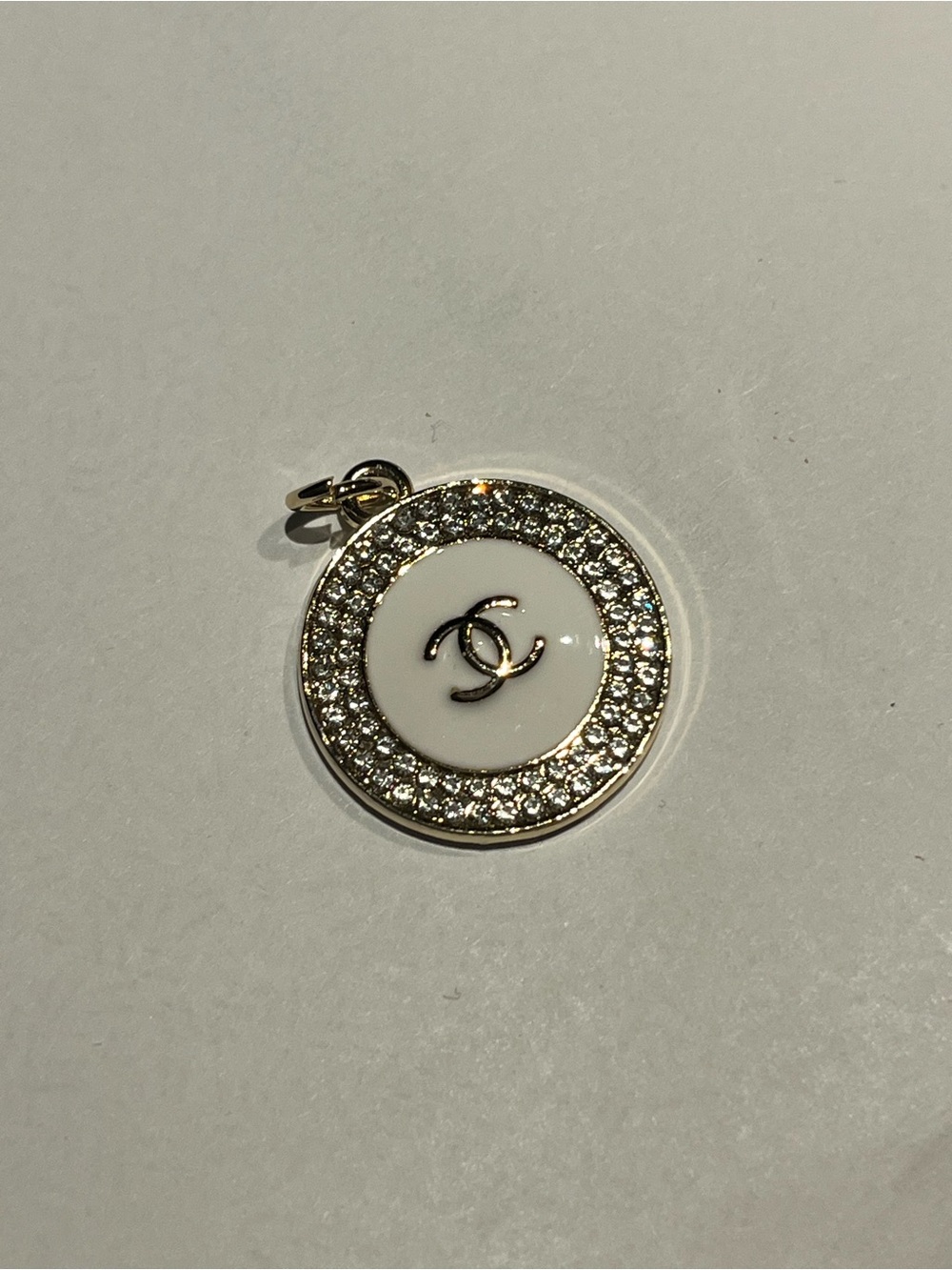 White & Gold CC Logo Crystal Disc Pendant